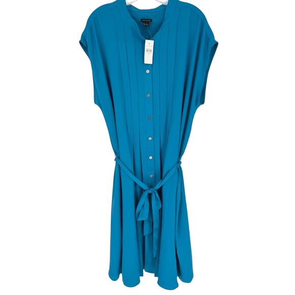 NWT* Ann Taylor Pleated Belted Button Front Cap Sleeve Dress Royal Blue Size 18 - Picture 4 of 15